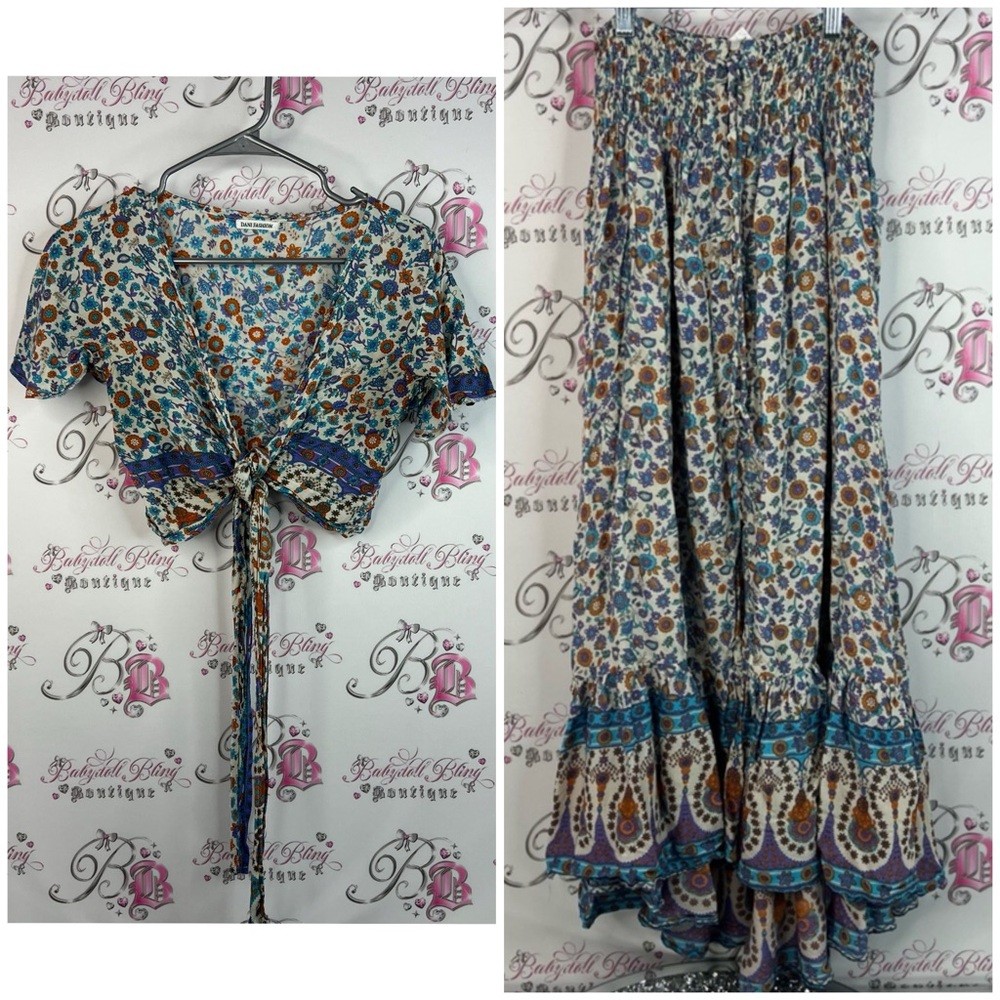 Dani Fashion Set Skirt Long Flowy Flowers Smocked Floral Maxi Skirt Blue Brown